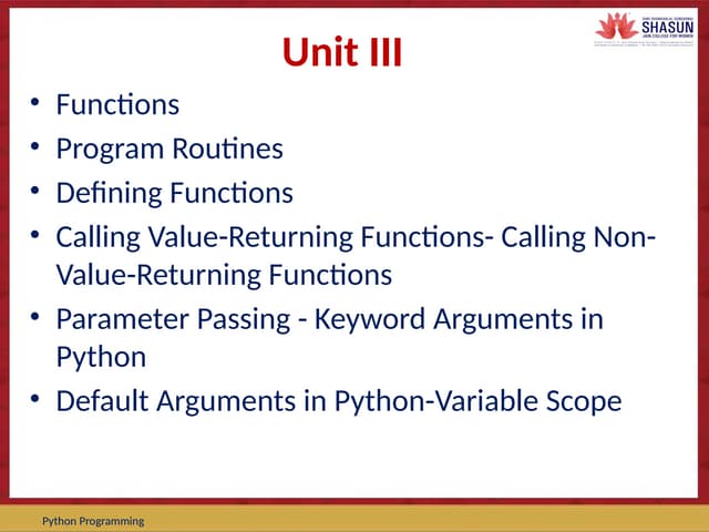 Functions in python programming and its calling statement