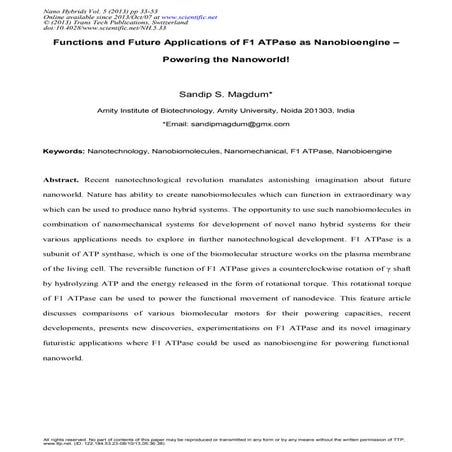 Functions and Future Applications of F1 ATPase as Nanobioengine - Powering th...