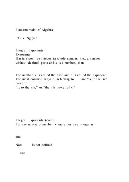 Fundamentals of AlgebraChu v. NguyenIntegral Exponents