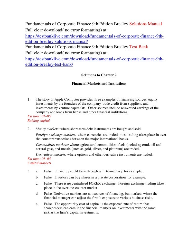 Fundamentals Of Corporate Finance 9th Edition Brealey Solutions Manual