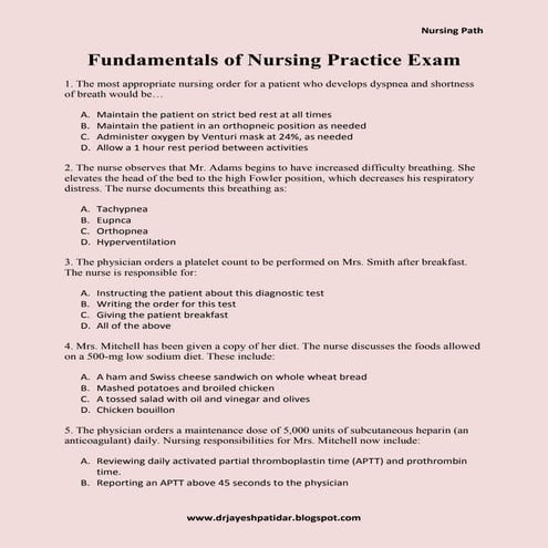 Fundamentals of nursing practice exam