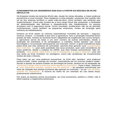 Fundamentos da hegemonia dos eua a partir da década de 80 do século xx