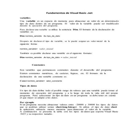 Tipos de variables en visual basic ejemplos | PDF