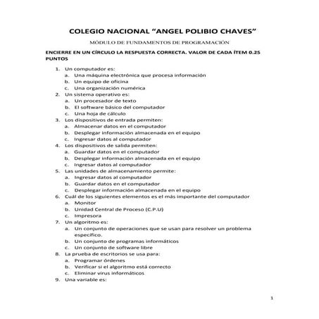 Cuestionario Fundamentos de Programación