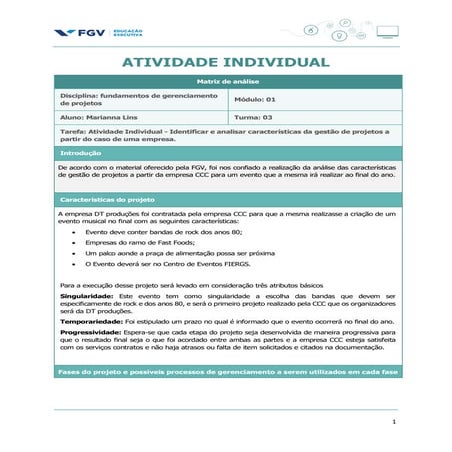 FGV - Fundamentos em gerenciamento de Projetos Marianna_lins_T03 | PDF