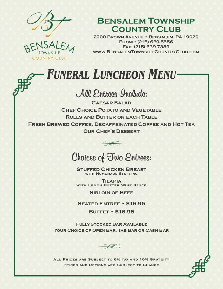 FUNERAL LUNCHEON MENU