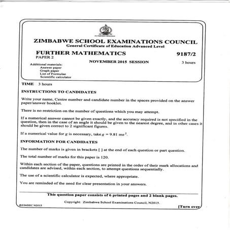 Further mathematics paper 2 november 2015 maths zimsec zimbabwe | PDF