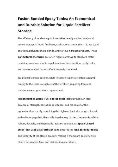 Fusion Bonded Epoxy Tanks An Economical and Durable Solution for Liquid Ferti...