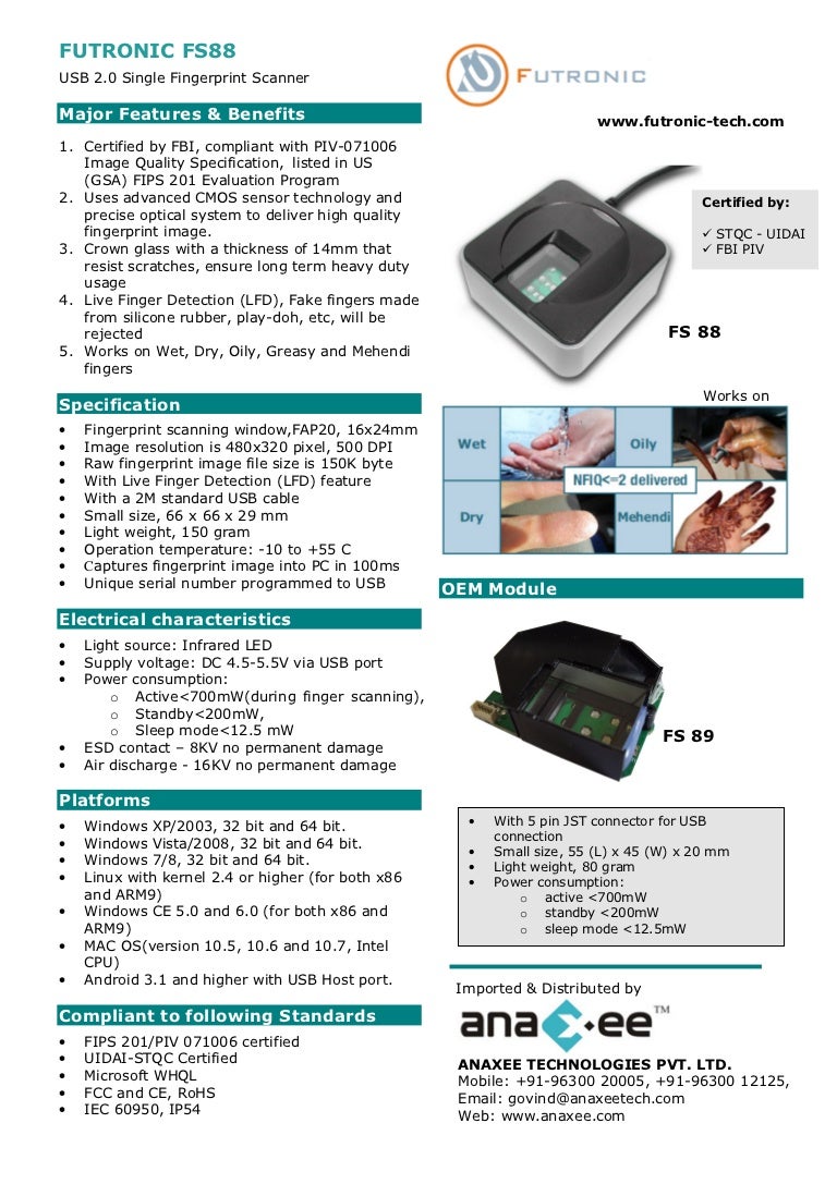 Futronic FS88 Single Fingerprint scanner, STQC certified, FBI PIV c…