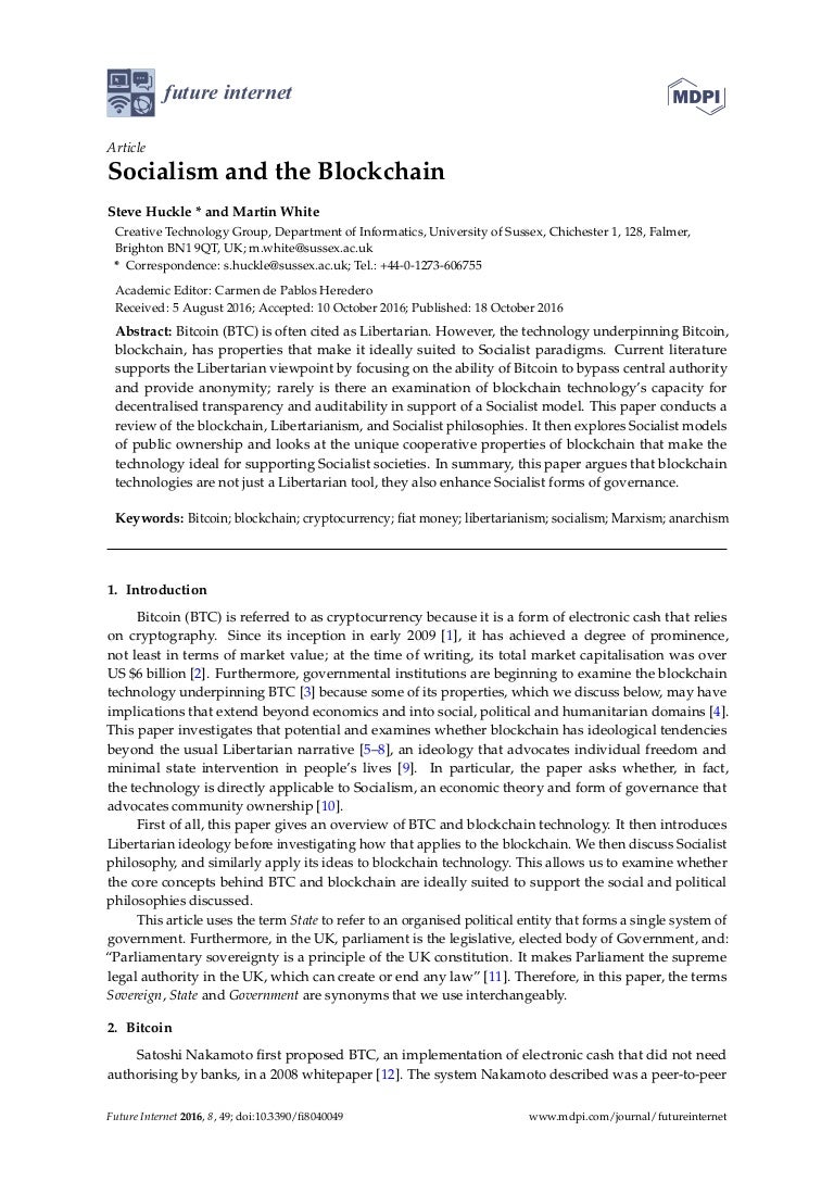 Socialism And The Blockchain Volume 8 Issue 4 De Future Internet D