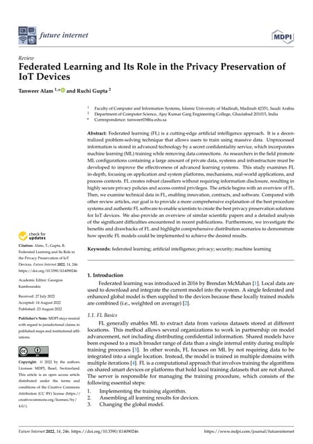 Federated learning and its role in the privacy preservation of IoT devices
