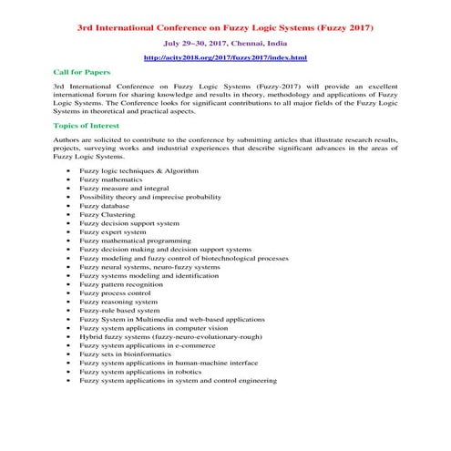 3rd International Conference on Fuzzy Logic Systems (Fuzzy 2017)