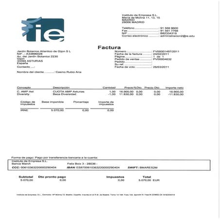 Factura de un curso de formación abonada por el Jardín Botánico