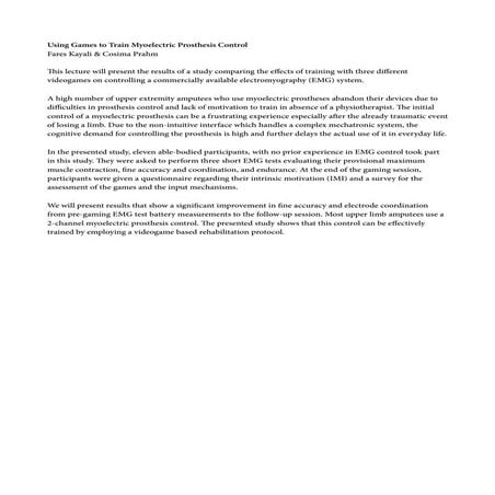 Using Games to Train Myoelectric Prosthesis Control | summary