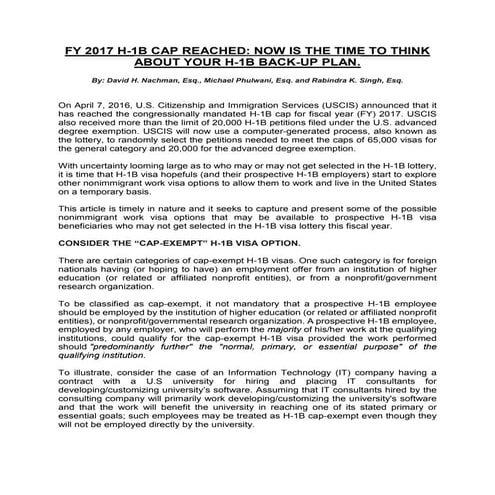 FY 2017 H-1B CAP REACHED: NOW IS THE TIME TO THINK ABOUT YOUR H-1B BACK-UP PLAN.