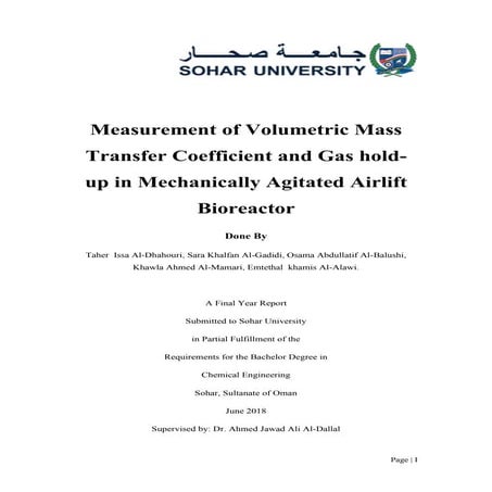 Fyp measurement of volumetric mass transfer coefficient | PDF