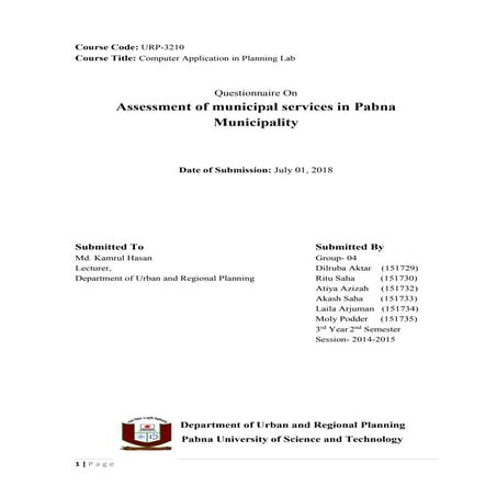 Questionnaire On Assessment of Municipal Services in Pabna Municipality
