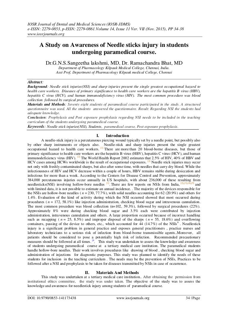 A Study on Awareness of Needle sticks injury in students undergoing p…