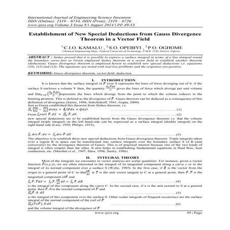Establishment of New Special Deductions from Gauss Divergence Theorem in a Ve...