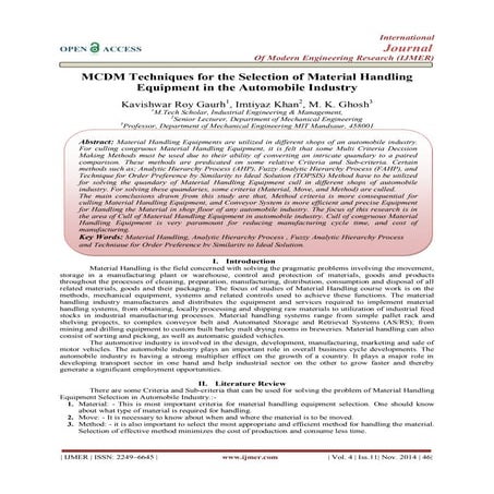 MCDM Techniques for the Selection of Material Handling Equipment in the Autom...