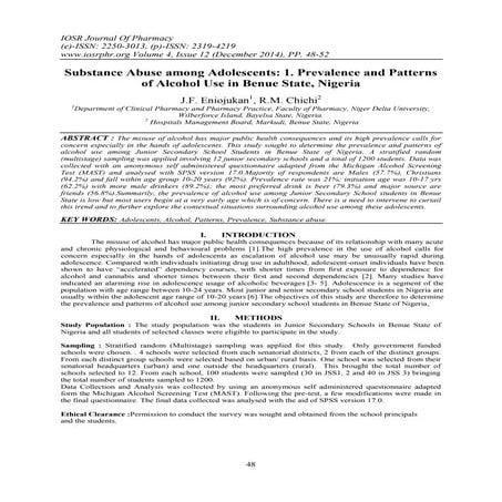 Substance Abuse among Adolescents: 1. Prevalence and Patterns of Alcohol Use ...