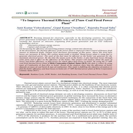 To Improve Thermal Efficiency of 27mw Coal Fired Power Plant