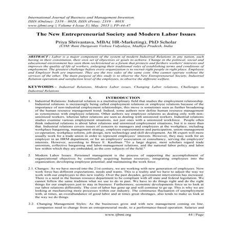 	The New Entrepreneurial Society and Modern Labor Issues