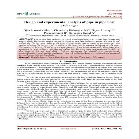 Design and experimental analysis of pipe in pipe heat exchanger