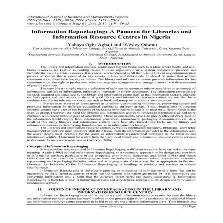 Information Repackaging: A Panacea for Libraries and Information Resource Cen...