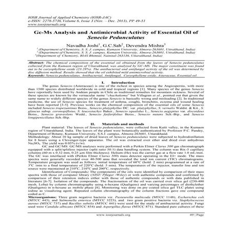 Gc-Ms Analysis and Antimicrobial Activity of Essential Oil of Senecio Peduncu...