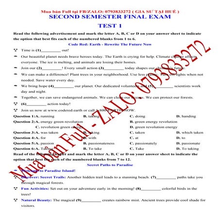 Đề thi Cuối Kì 2 Global Success 10 (Format 18.10.2025) 100% Reading