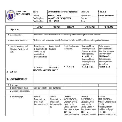 Daily Lesson Log Grade 11 GEN MATH Q1 W3 | PDF