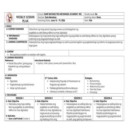 Weekly Lesson Plan on Self-Recognition and Human Dignity for Grade 6 | DOCX