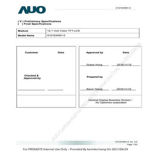 AUO G121EAN01.0 LCD DISPLAY SPECIFICATIONpdf