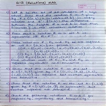CBSE Grade 12 Mathematics Ch 1 Relations Worksheet (RDS)