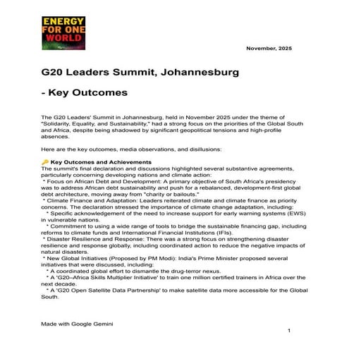 EFOW Briefing: G20 Leaders Summit- Key Outcomes 2025
