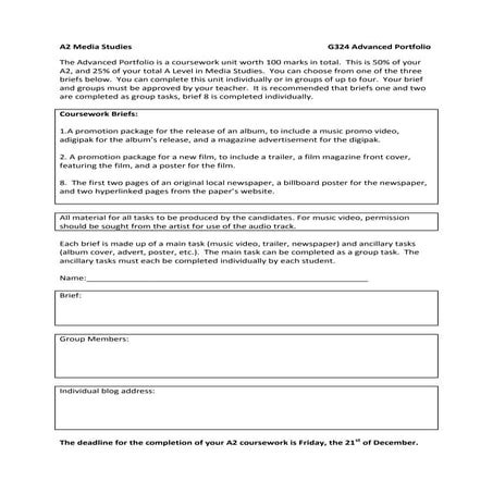 G324 advanced portfolio briefs and assessment criteria