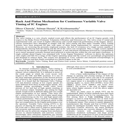 Rack And Pinion Mechanism for Continuous Variable Valve Timing of IC Engines