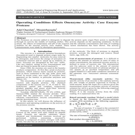 Operating Conditions Effects Onenzyme Activity: Case Enzyme Protease