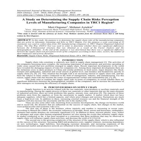 A Study on Determining the Supply Chain Risks Perception Levels of Manufactur...