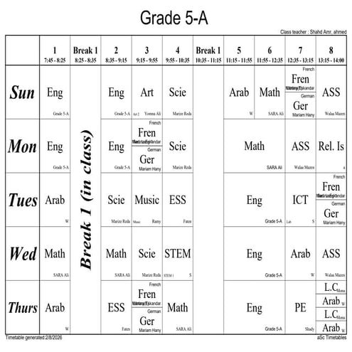 Comprehensive Grade 5-A Weekly Timetable with Subject and Teacher ...