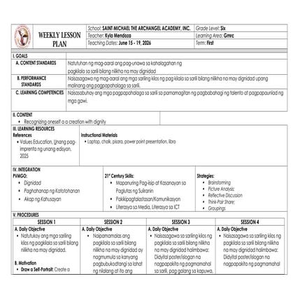 Weekly Lesson Plan on Self-Recognition and Human Dignity for Grade 6 | DOCX
