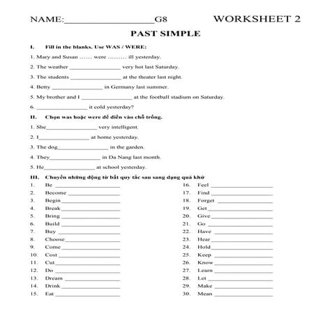 Comprehensive Past Simple Tense Worksheet for Grade 8 English Learners ...