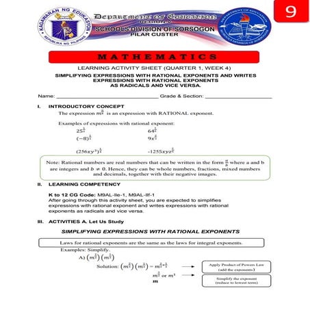 G9-MELC-Q2-Wk4-simplifies expressions with rational exponents and writes expr...