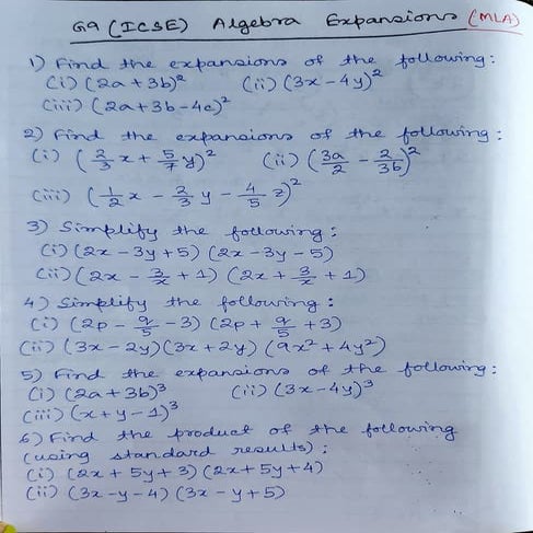 Grade 9 - ICSE - Algebra Expansion - Worksheet (MLA) | PDF