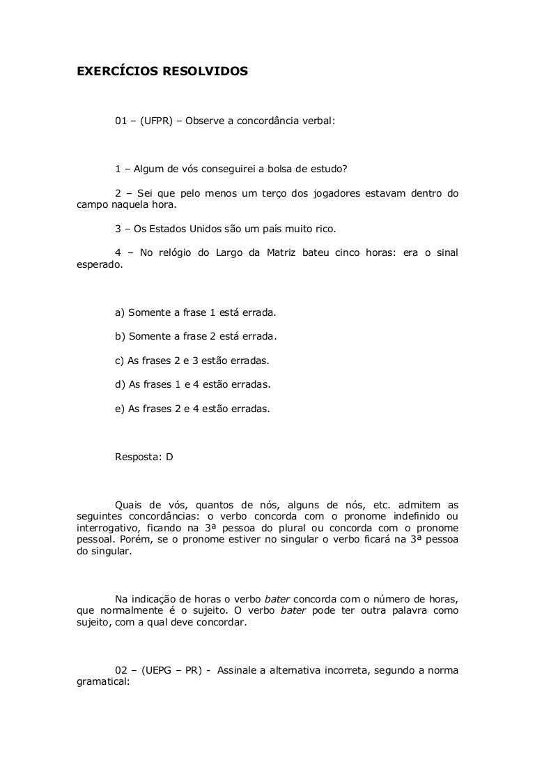 Exercícios De Concordância Verbal 8o Ano Com Gabarito
