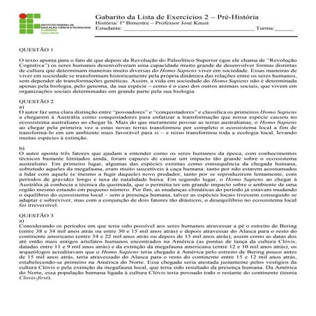 Gabarito da lista de exercícios 2 - Pré-História | PDF