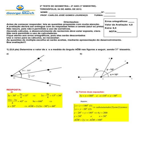 Gabarito do 2º teste de geometria | PDF