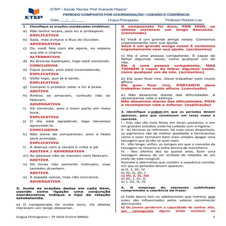 Gabarito exercícios de orações coordenadas, coesão e coerência | DOCX