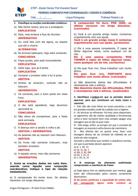 Gabarito exercícios de orações coordenadas, coesão e coerência | DOCX